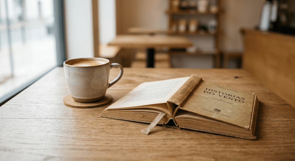 Open book titled Historias do Vento beside a cup of coffee on a wooden table