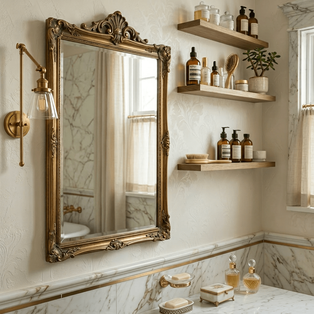 Woman in green sweater looking at herself in a bathroom mirror with a thoughtful expression
